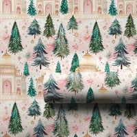 Watercolor Winter Forest Gift Wrap, Taj Mahal Christmas Wrapping Paper, Snowy India Landmark Wrapping Paper, Unique Holiday Gift Wrap