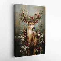 Festive Woodland Reindeer Canvas Print, Christmas Deer Canvas Wall Art, Winter Stag with Red Berries Wall Art, Holiday Cottage Decor