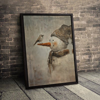 Winter Bird Snowman Poster, Rustic Snowman Wall Art, Whimsical Snowman Print, Farmhouse Christmas Decor, Digital Download Printable Art
