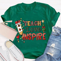 Festive Tree Lights Teacher Tee, Teach Love Inspire Christmas T-Shirt, Holiday Educator Shirt, Merry Christmas School Teacher Present