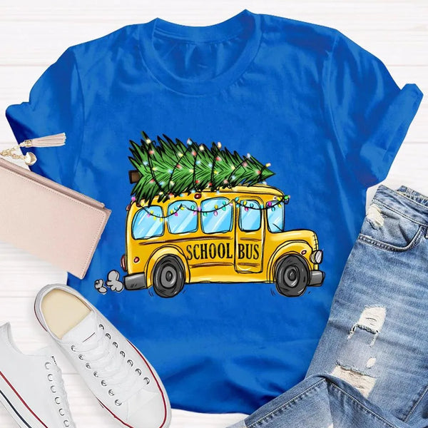 Festive Holiday Bus Driver Tee, School Bus Christmas Tree T-Shirt, Christmas Bus Graphic Shirt, Adorable Winter Xmas Tee, Tea