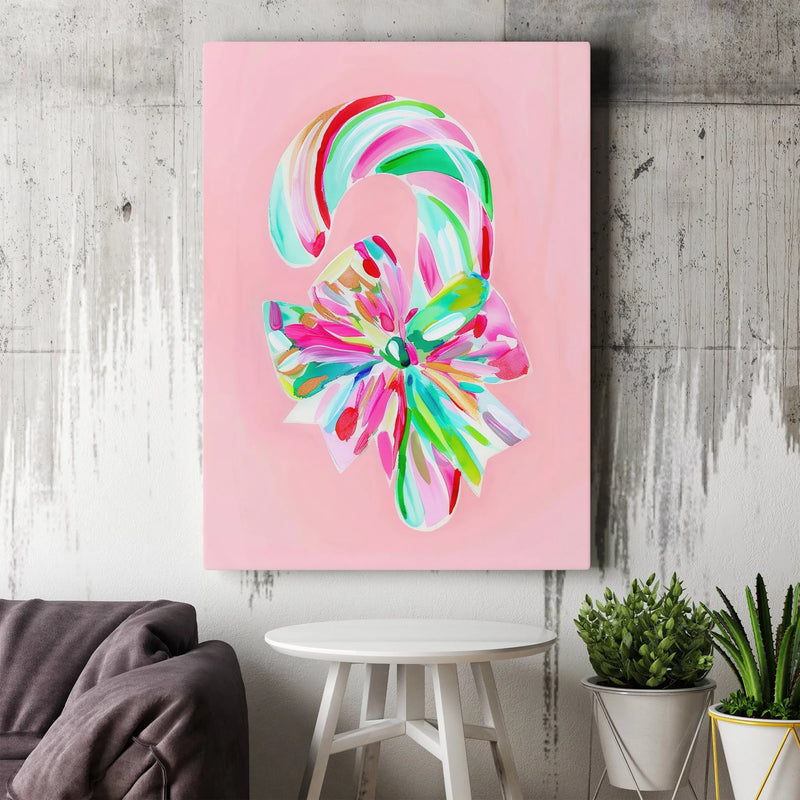 Painterly Candy Cane Wall Art, Candy Cane Christmas Canvas, Pink Holiday Canvas Print, Festive Candy Cane Bow Art, Christmas Wall Decor