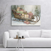 Snowy Forest Holiday Wall Art, Vintage Christmas Sleigh Canvas Print, Festive Winter Sleigh Canvas, Christmas Presents Wall Decor