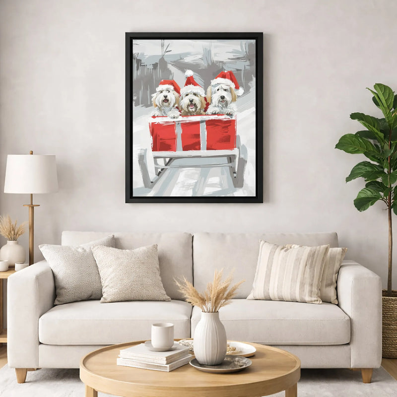 Adorable Dogs in Santa Hats Wall Art, Christmas Dogs Sleigh Canvas Print, Festive Winter Holiday Poster, Puppy Lover Digital Download Print