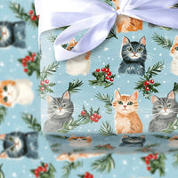 Adorable Kitten Holiday Gift Wrap, Christmas Cat Wrapping Paper, Festive Winter Cat Lover Wrapping Paper, Holly Pine Pet Lover Gift Wrap Roll