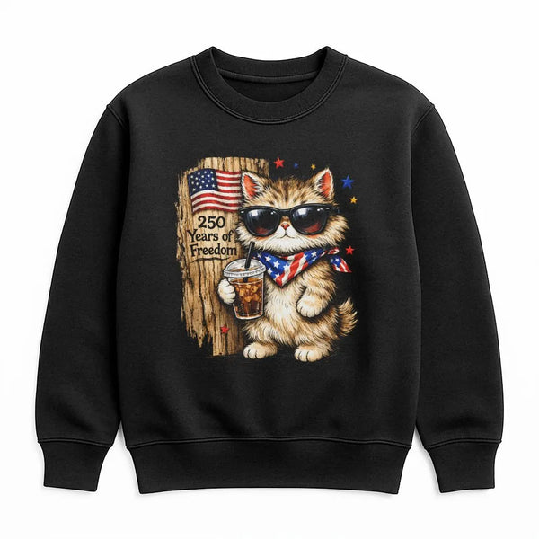 Patriotic Cat Sweatshirt | 250 Years Freedom Cartoon Cat in Sunglasses | Soft Cotton Polyester Blend | Gift for Cat Lover
