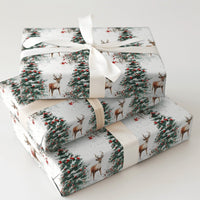 Christmas Tree Gift Wrap, Watercolor Reindeer Wrapping Paper, Winter Deer Holiday Wrapping Paper, Rustic Woodland Gift Wrapping Paper