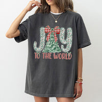 Red Gingham Christmas Tree Shirt, Joy to the World T-Shirt, Christian Holiday Tee, Religious Xmas Graphic T-Shirt, Christmas Present for Her
