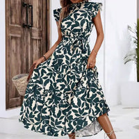 Ruffled Trim Flutter Sleeves Tie-Up Detail Printed Fairy Dress