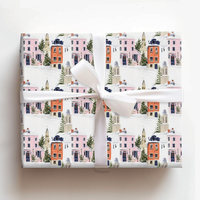 Church Steeple Town Gift Wrap, Snowy Christmas Village Wrapping Paper, Watercolor Holiday Wrapping Paper, Festive Winter Wrapping Paper