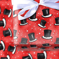Festive Red Winter Gift Wrap, Snowy Black Top Hats Christmas Wrapping Paper, Classic Snowfall Top Hat Wrapping Paper, Holiday Gift Wrap Roll