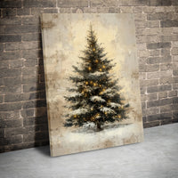 Warm Fairy Light Holiday Pine Canvas Print, Vintage Snowy Christmas Tree Canvas Wall Art, Festive Winter Wonderland Canvas Art, Decor