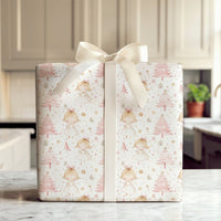 Whimsical Holiday Girl and Gold Stars Gift Wrap Paper, Pink Christmas Wrapping Paper, Adorable Pastel Xmas Present Wrapping Paper Roll
