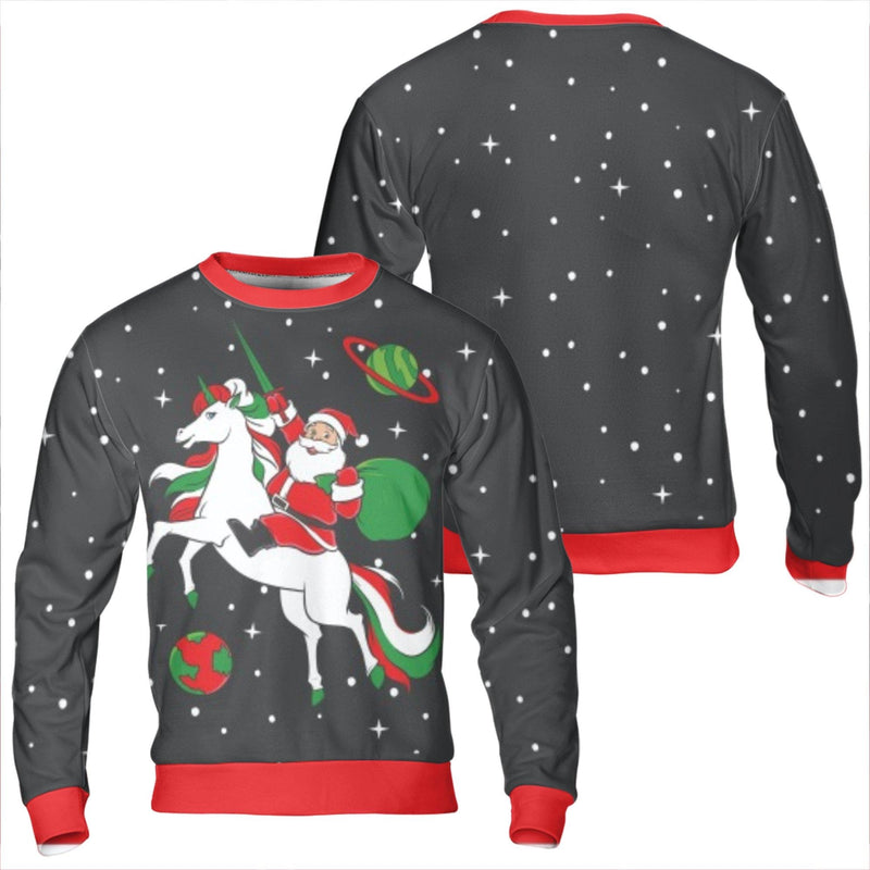 Space Santa Ugly Christmas Sweater, Santa Riding Unicorn Sweatshirt, Humorous Galaxy Holiday Crewneck, Retro Outer Space Pullover, Holiday Present