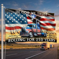 250 Years America Truck Driver Flag | In God We Trust Patriotic Eagle Design | Weather-Resistant Polyester | Trucker Gift