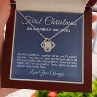 New Mom Crystal Pendant Necklace, First Christmas as a Family Love Knot Necklace, 14k White Gold Over Stainless Steel Wife Present