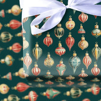 Retro Christmas Ornament Gift Wrap, Vintage Ornament Wrapping Paper, Classic Dark Green Wrapping Paper, Holiday Present Gift Wrap Roll