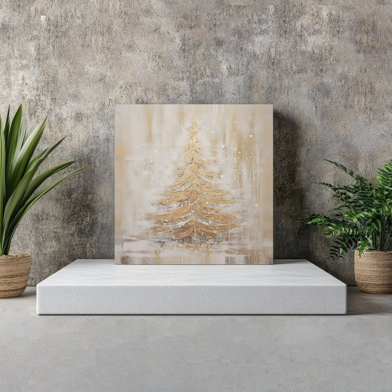 Abstract Snowy Winter Painting Canvas Print, Golden Christmas Tree Square Canvas, Elegant Holiday Season Wall Decor, Xmas Present