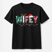 Festive Reindeer Santa Hat Shirt, Wifey Christmas T-Shirt, Matching Holiday Couple T-Shirt, Adorable Xmas Graphic Tee, Winter Present for Wife