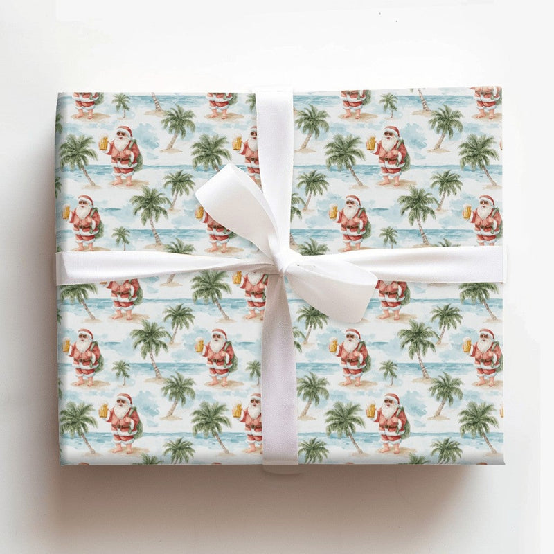 Beer Drinking Santa Gift Wrap, Tropical Beach Santa Wrapping Paper, Palm Tree Christmas Present Paper, Summer Holiday Wrapping Paper Roll