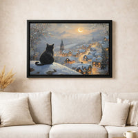 Snowy Winter Village Cat Canvas Print, Black Cat Christmas Canvas Art, Holiday Wall Art Canvas, Adorable Festive Pet Lover Home Decor Present