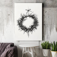 Black and White Holiday Wall Art, Christmas Wreath Canvas Print, Minimalist Botanical Canvas, Winter Festive Wall Decor, Xmas Home Art Present
