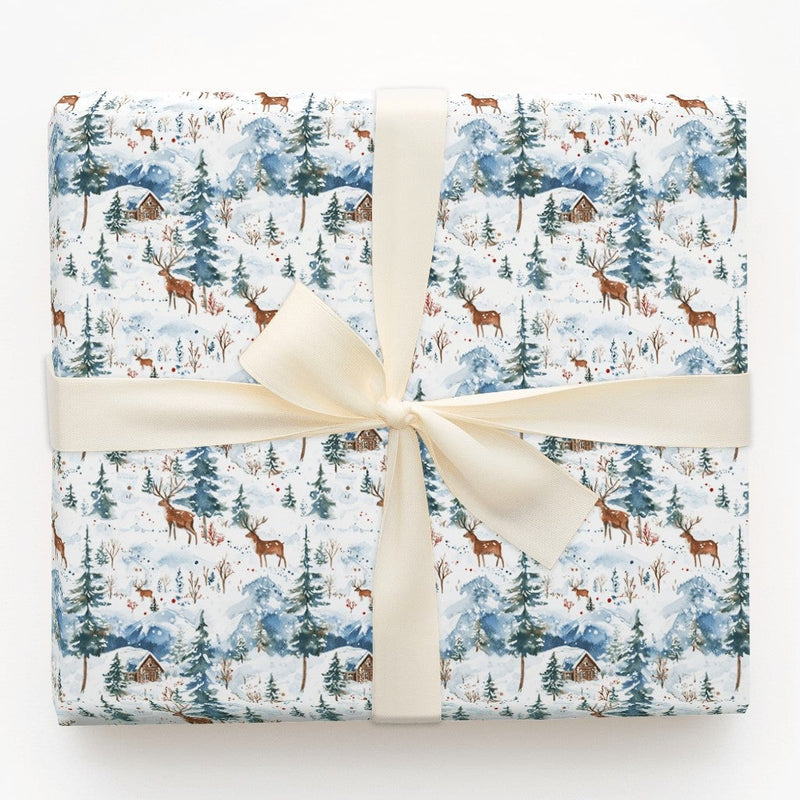Snowy Cabin Holiday Gift Wrap, Watercolor Deer Winter Wrapping Paper, Rustic Forest Wrapping Paper, Mountain Christmas Tree Wrapping Paper