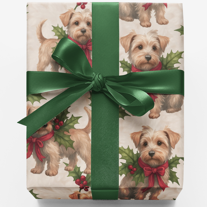 Holly and Red Bows Dog Gift Wrap Roll, Christmas Puppy Wrapping Paper, Adorable Puppy Holiday Wrapping Paper, Dog Lover Christmas Present Wrap