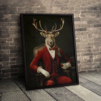 Gentleman Stag Red Suit Canvas Wall Art, Dapper Reindeer Canvas Print, Christmas Deer Portrait Canvas, Holiday Wall Decor, Winter Xmas Present