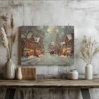 Snowy Town Street Canvas Art, Vintage Christmas Village Canvas Print, Winter Holiday Wall Decor, Festive Christmas Canvas