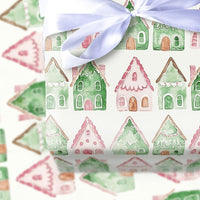 Watercolor Village Gift Wrap, Pink and Green Gingerbread House Wrapping Paper, Whimsical Christmas Wrapping Paper, Adorable Holiday Present Paper