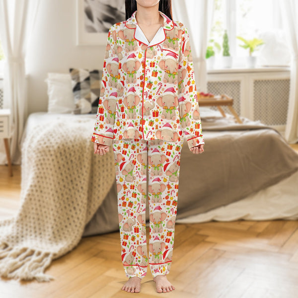 Adorable Santa Hat Elephant Pajama Set, Christmas Elephant Satin Pajamas, Festive Silky Sleepwear, Winter Holiday Loungewear 