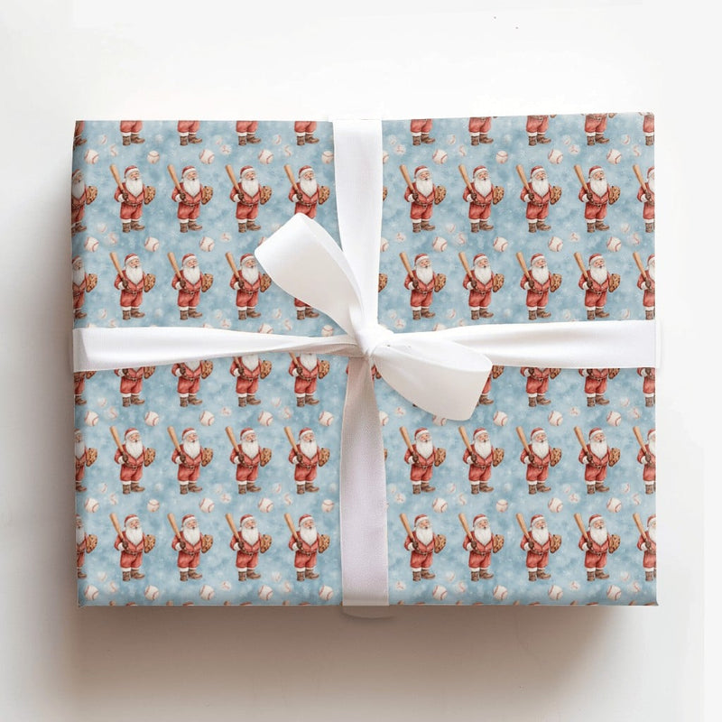 Sports Santa Claus Gift Wrap, Baseball Santa Christmas Wrapping Paper, Blue Baseball Wrapping Paper, Holiday Fan Present Wrapping Paper