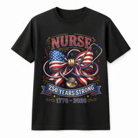 Patriotic Nurse T-Shirt | American Flag Bow Stethoscope 250 Years Strong 1776-2026 | Soft Breathable Cotton Tee | Gift for Nurses on America's 250th