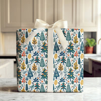 Modern Christmas Tree Gift Wrap, Folk Art Winter Forest Wrapping Paper, Colorful Holiday Present Paper, Illustrated Botanical Gift Wrap Roll