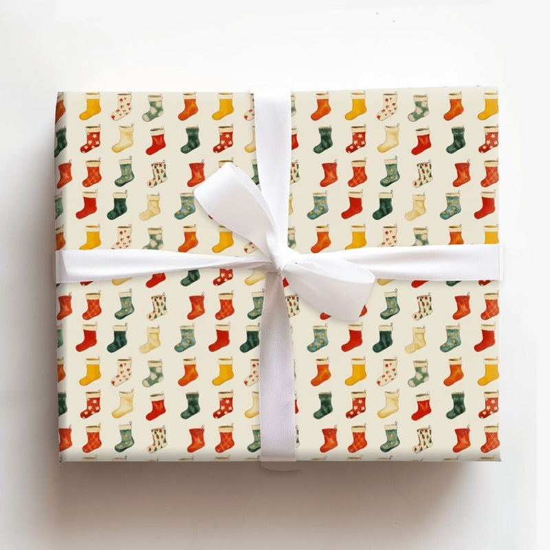 Vintage Holiday Gift Wrap, Christmas Stocking Wrapping Paper, Colorful Festive Christmas Wrapping Paper Roll, Traditional Xmas Present Wrap
