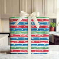 Colorful Snowflake Holiday Gift Wrap, Festive Watercolor Stripe Christmas Wrapping Paper, Winter Star Gift Wrapping Paper, Roll Gift Wrap