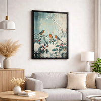 Snowy Holly Branch Christmas Painting, Winter Robin Canvas Wall Art, Festive Holiday Bird Canvas Print, Seasonal Xmas Decor Poster