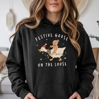 Humorous Christmas Goose Hooded Sweatshirt, Festive Goose on the Loose Hoodie, Retro Holiday Gingerbread Man Hoodie, Adorable Xmas Present for Her