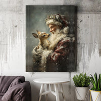 Vintage Christmas Canvas Painting, Santa Claus with Fawn Canvas Wall Art, Holiday Winter Scene Canvas Print, Festive Xmas Wall Art Decor