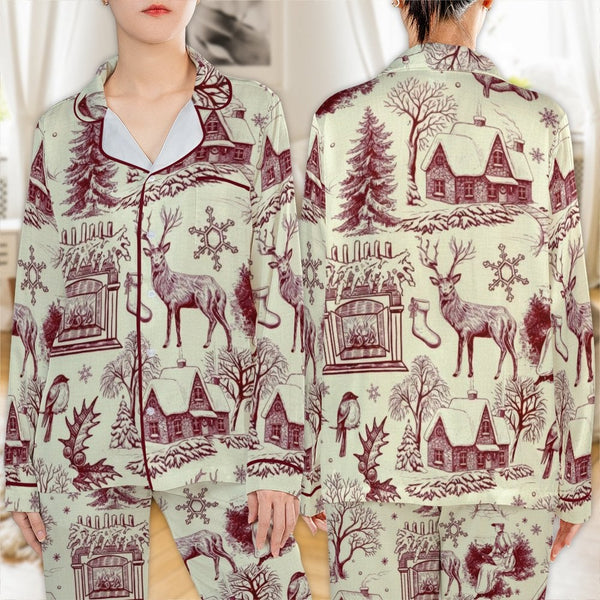 Deer Cabin Christmas Pajama Set, Winter Toile Satin Pajamas, Comfy Holiday Sleepwear, Rustic Forest Long Sleeve Pajama Set, X