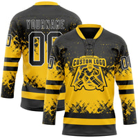 Custom Black Yellow-White Abstract Splatter Paint Hockey Lace Neck Jersey