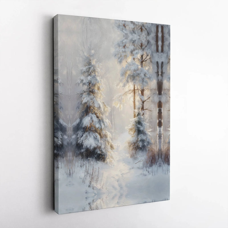 Snowy Pine Trees Landscape Painting Print, Winter Forest Canvas Wall Art, Rustic Woodland Wall Decor, Christmas Digital Download