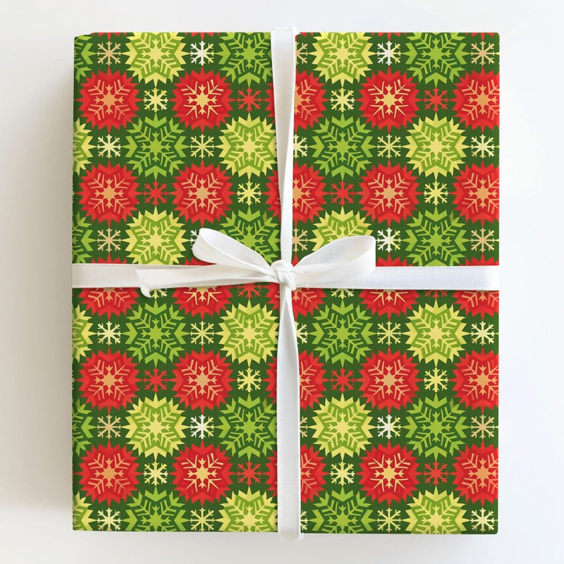 Festive Green Red Gift Wrap, Geometric Snowflake Christmas Wrapping Paper, Holiday Snowflake Wrapping Paper, Winter Season Gift Wrap