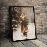 Snowy Forest Santa Canvas Print, Vintage Santa Claus Canvas Wall Art, Christmas Tree Santa Canvas Decor, Winter Holiday Wall Art, Xmas Present