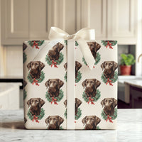 Dog Holiday Wreath Gift Wrap, Chocolate Labrador Christmas Wrapping Paper, Adorable Lab Puppy Christmas Wrapping Paper, Dog Lover Holiday Wrap