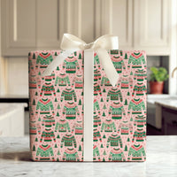 Retro Holiday Knit Gift Wrap, Ugly Christmas Sweater Wrapping Paper, Pink Xmas Tree Present Wrap, Festive Secret Santa Wrapping Paper Roll