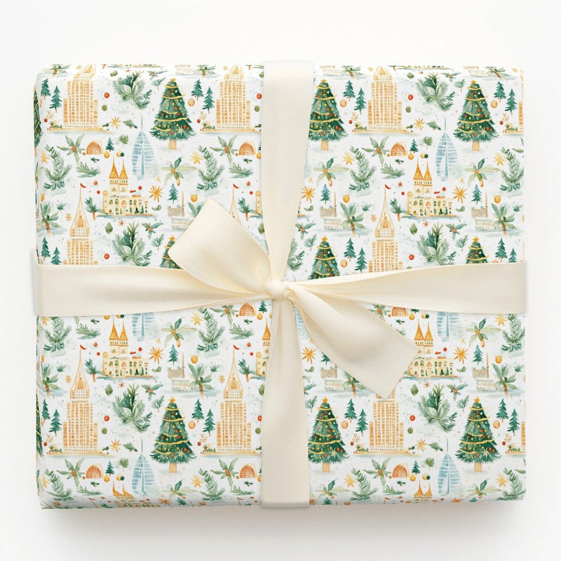 City Skyline Holiday Gift Wrap, Global Landmark Christmas Wrapping Paper, Watercolor Travel Wrapping Paper