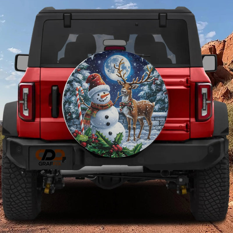 Winter Night Scene Holiday Tire Cover, Christmas Snowman Reindeer Spare Tire Cover, Festive Xmas Wheel Cover, Jeep SUV Truck Holiday Present