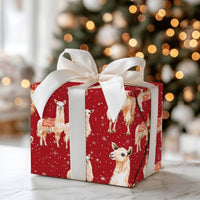 Watercolor Holiday Gift Wrap, Red Christmas Llama Wrapping Paper, Snowy Winter Present Paper, Adorable Animal Wrapping Paper